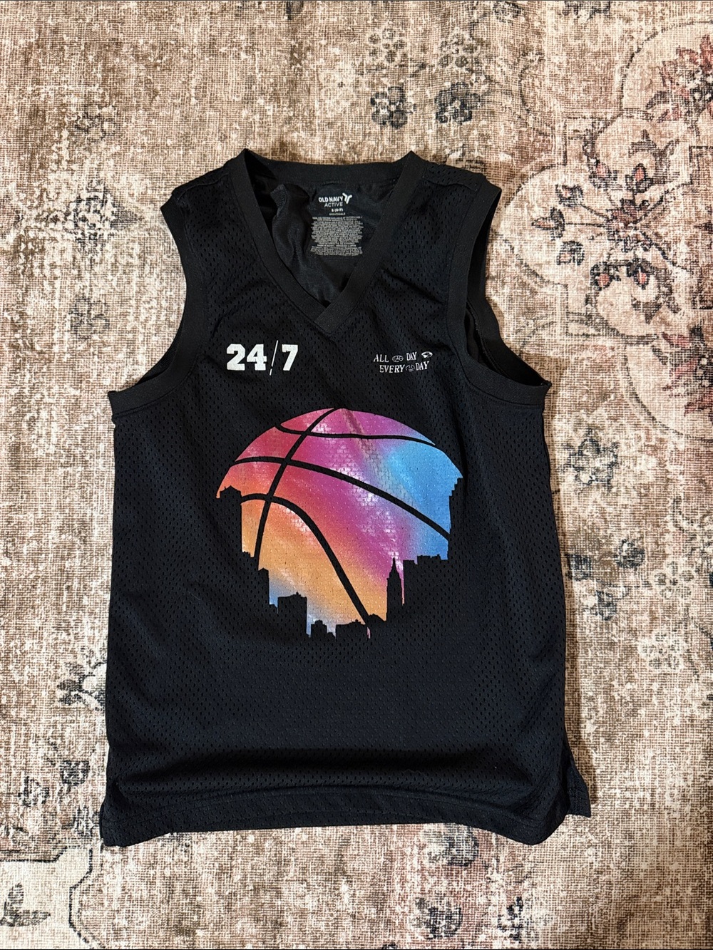 Old Navy Black Mesh Tank with Sunset Basketball Graphic